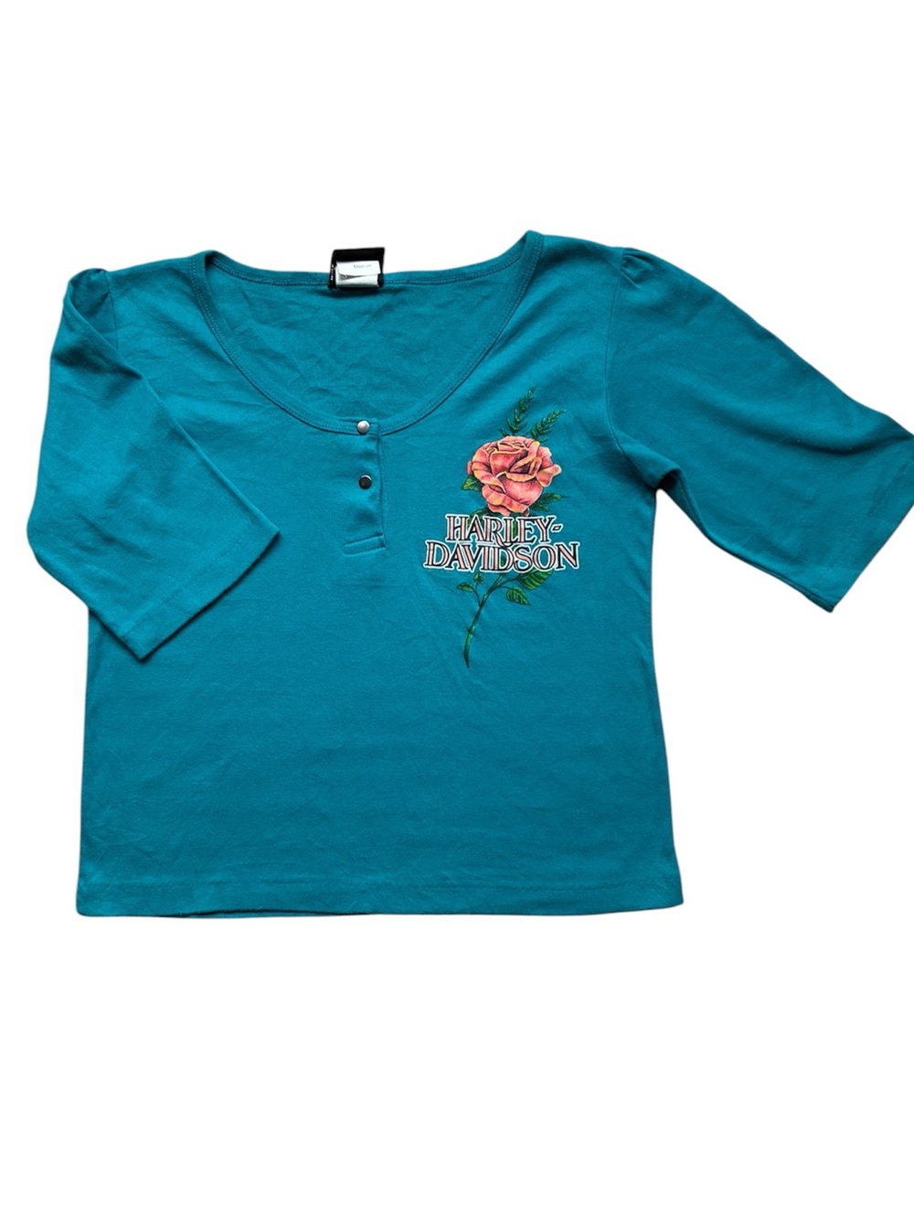 Harley-Davidson Vintage y2k Women's Teal Daytona Rose Henley Top Size Medium